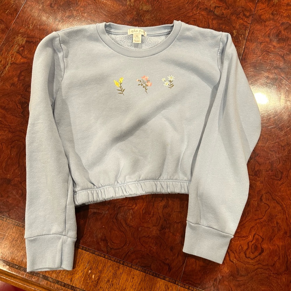 Baby blue floral cropped sweater 
- slight discoloration on front